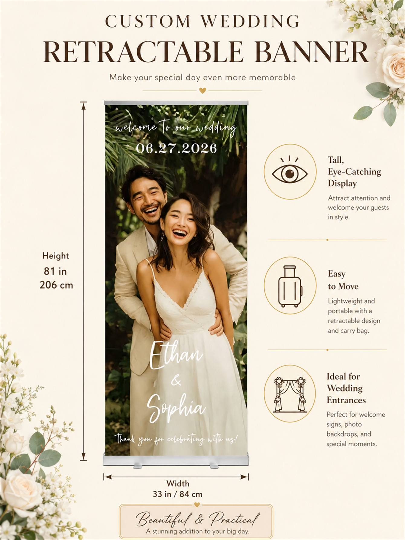 婚礼定制伸缩横幅 – 个性化婚礼欢迎牌、接待装饰和背景幕布